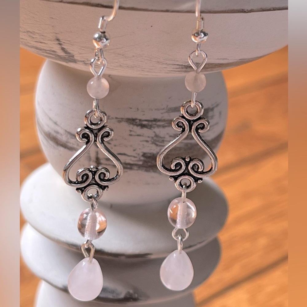 Handmade Pale Pink Dangle Earrings - Picture 1 of 2
